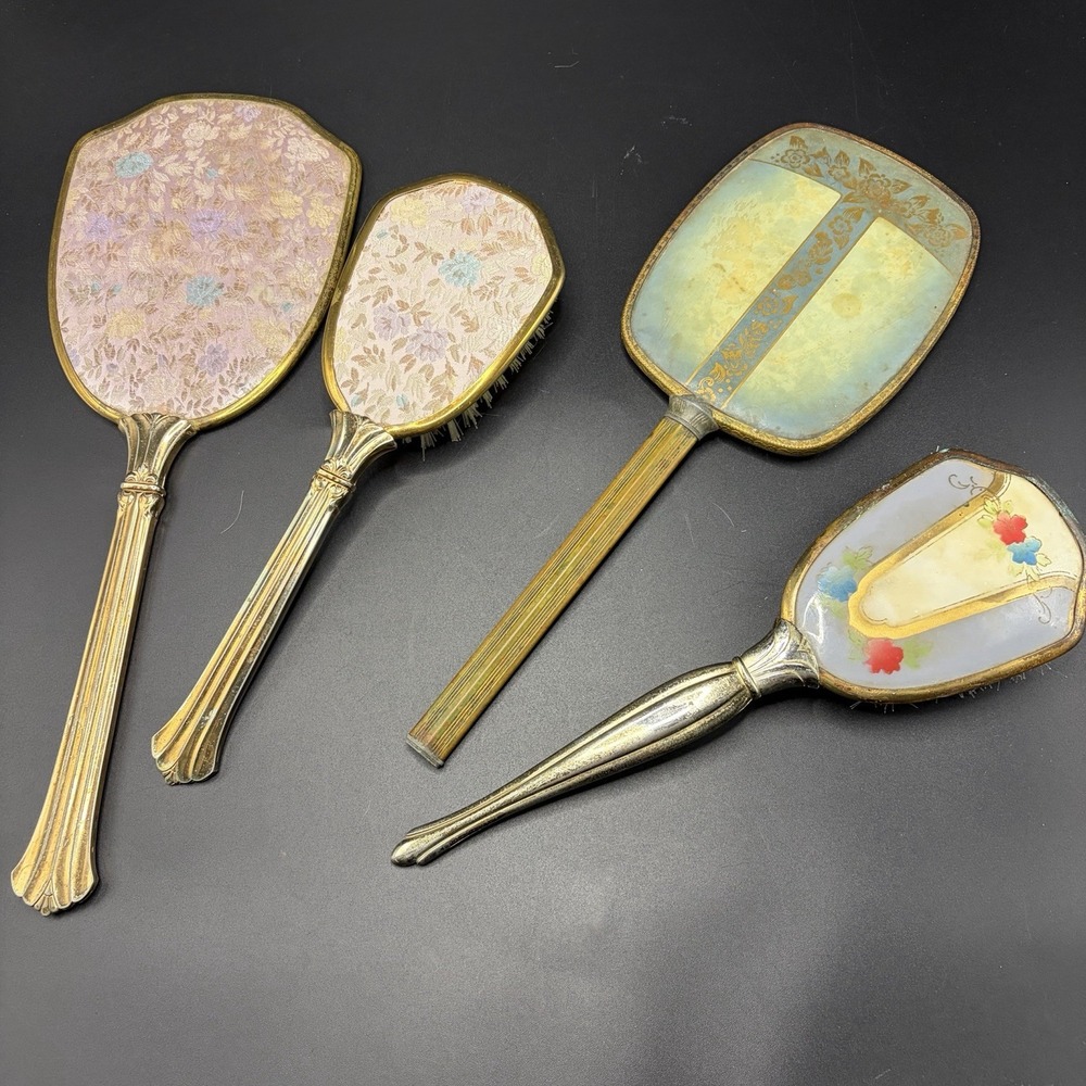 Vintage Metal Floral Vanity Set Handheld Mirror Brush/4 Pc Total